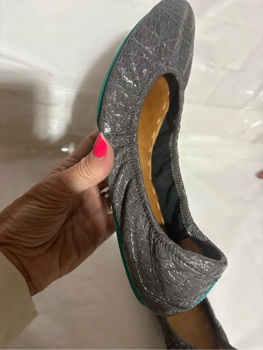 Tieks Gray Croc Patent Ballet Flat with Teal Sole Trim